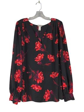 Ava & Viv Blouse Women's 2X Black Red Floral V-Neck Long Sleeve Top